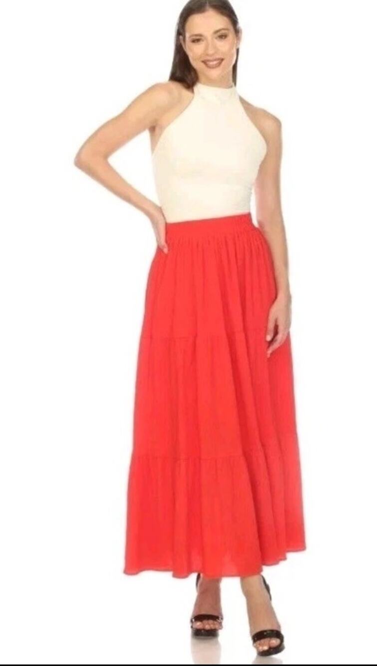 White Mark Womens Size Large Tiered Pull-On Skirt Red Lettuce Hem